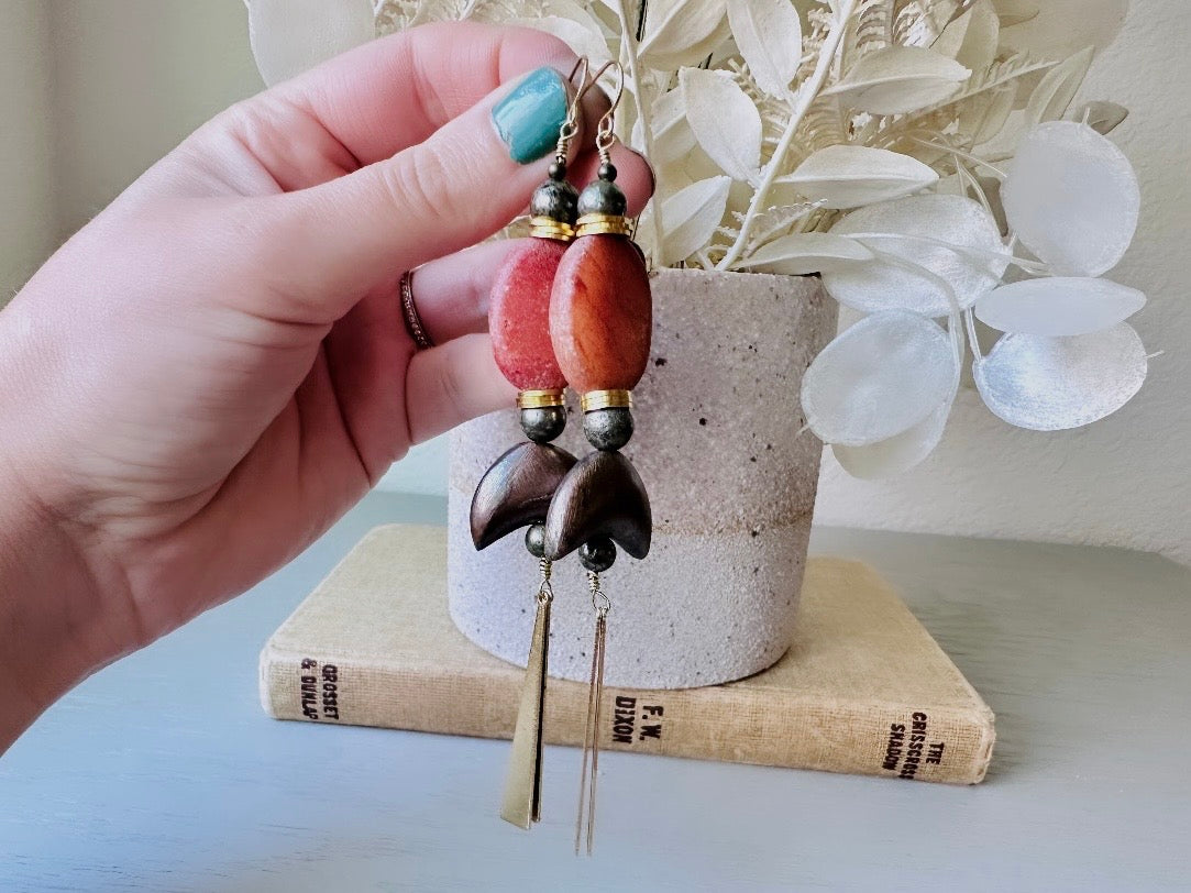 Handmade Stone Earrings, Extra Long Earthy Boho Duster Earrings, Unique Red Stone & Pyrite Orbs with Moon and Brass Dagger Charms