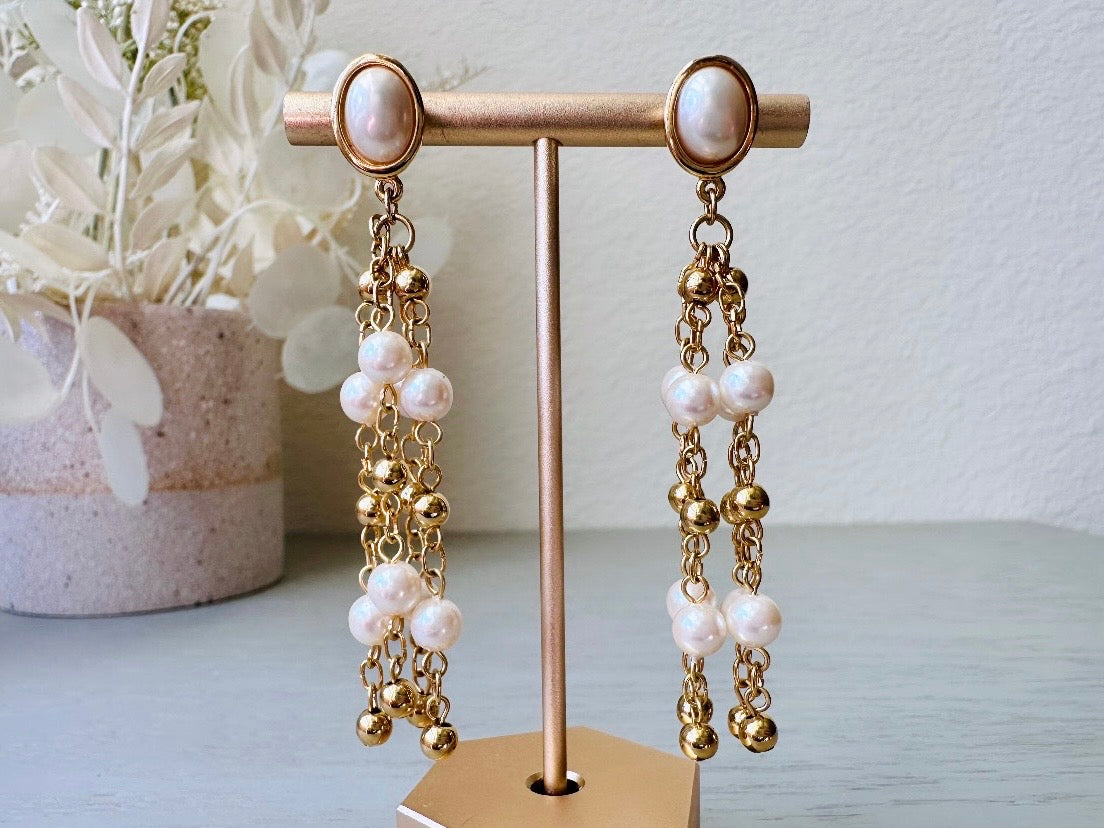 Vintage Trifari Chandelier Earrings, 1980s Designer Vintage Earrings,  Gold Chain Tassel with Cream Pearls, Signed Trifari 3" Post Earrings