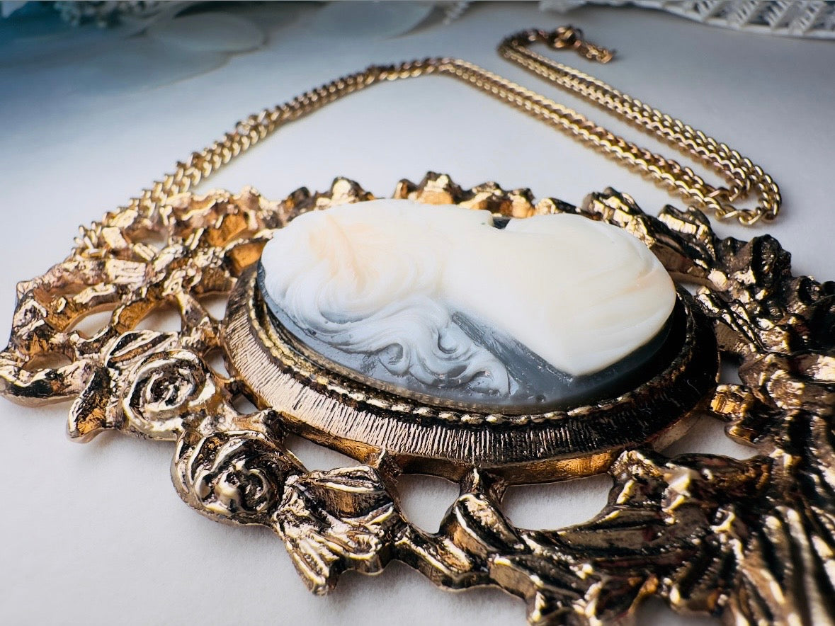 Victorian Cameo Necklace, Vintage Oversized Antique Gold Pendant Necklace with Black and Cream Cameo