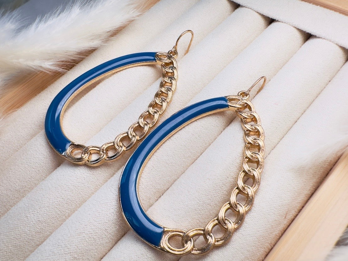 Teardrop Hoop Earrings with Blue Enamel and Gold Chain, Unique 80s Vintage Drop Earrings