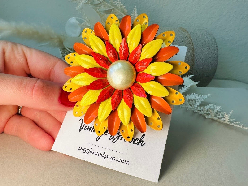 Huge Vintage Flower Brooch, Oversized 1960s Mod Flower Power Enamel Pin in Yellow Orange + Red, Colorful Floral Pin with Pearl Center