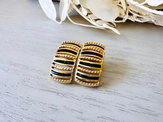 Vintage Piscitelli Earrings, Black Enamel and Gold Cut Out Huggie Hoop Earrings, Classic Pierced Earrings, 80s Mogul Style Half Hoop Earring