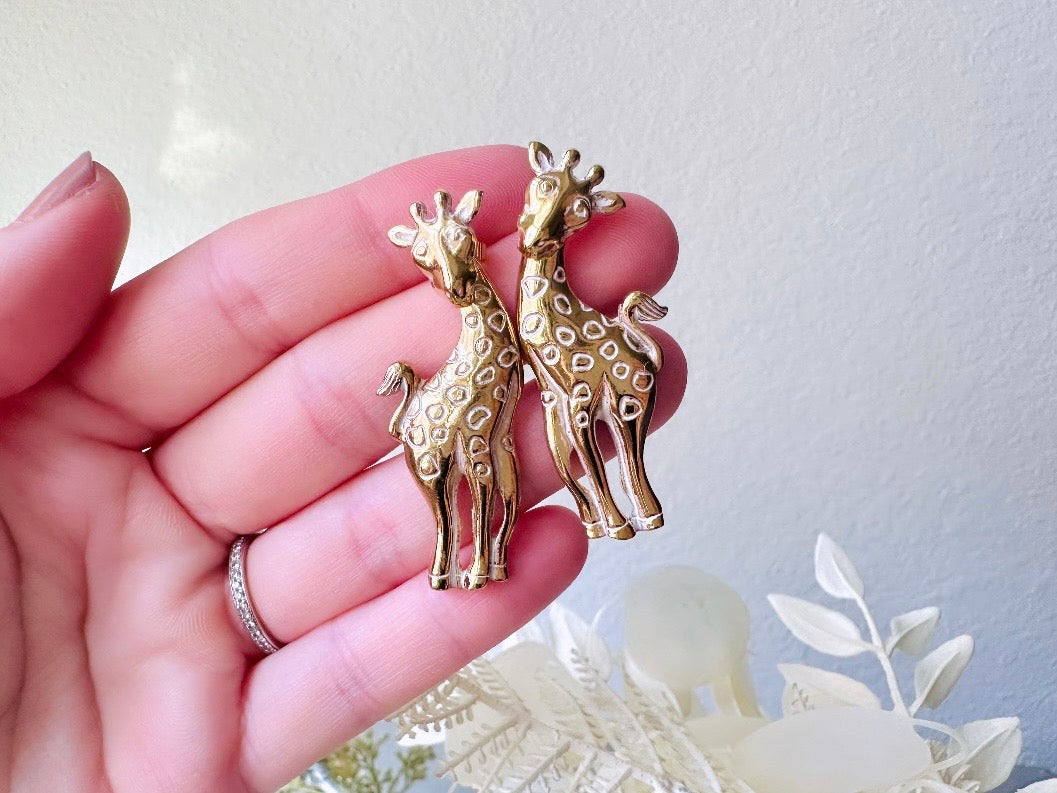 Vintage Giraffe Earrings, White and Gold Pierced Post Earrings with Moveable Head, Convertable Stud to Dangle Earrings, Animal Lover Gifts