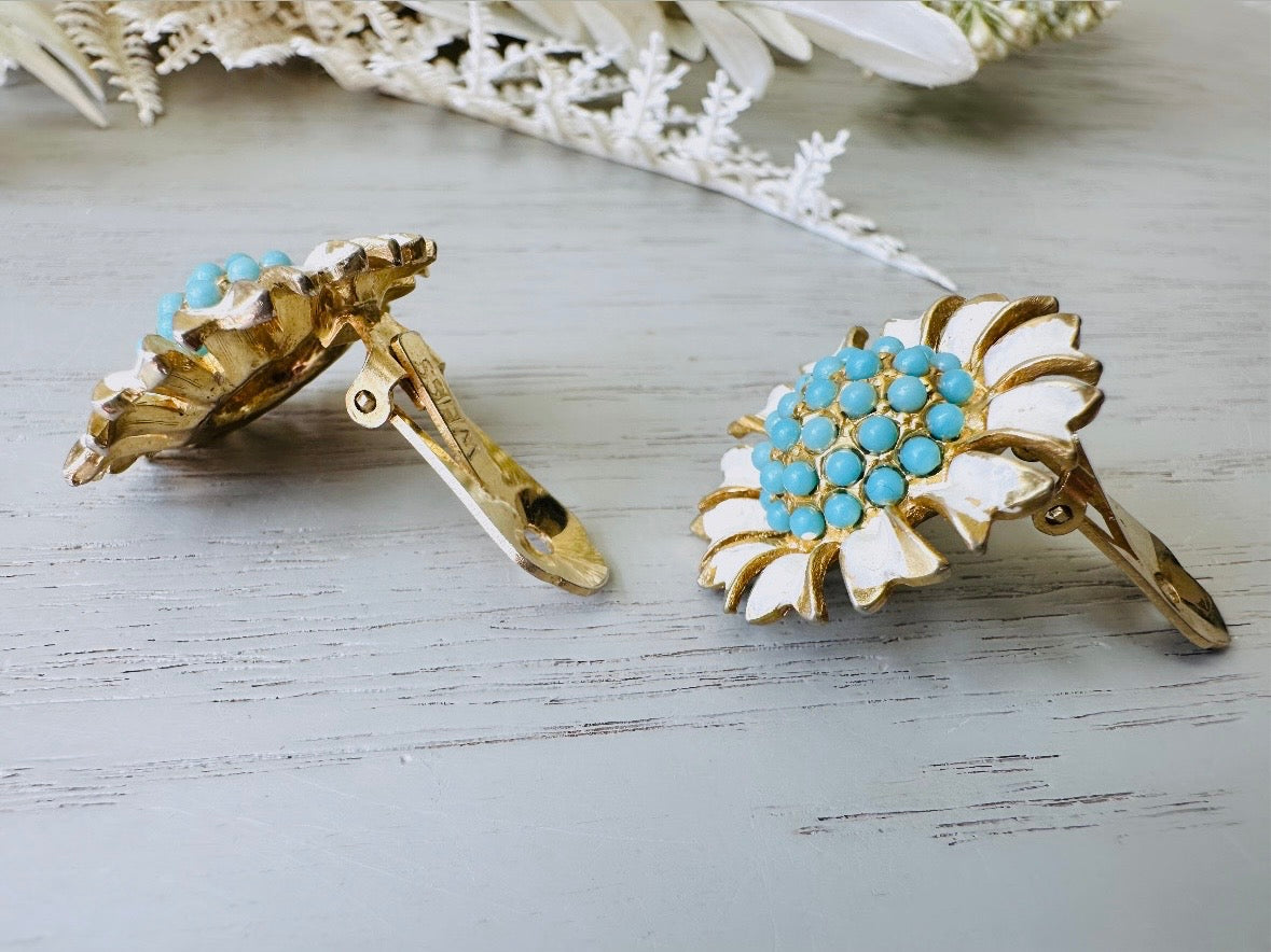 Vintage WEISS Earrings, Gold Tone Cream Enamel Flower Earrings with Tiffany Blue Beaded Centers, Designer Vintage Floral Clip On Earrings