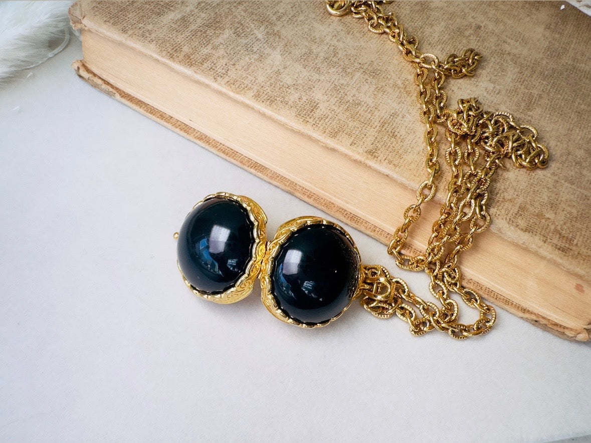 Black Locket Necklace, Sphere Locket Pendant Necklace on Extra Long Gold Chain, Vintage Liz Claiborne Necklace