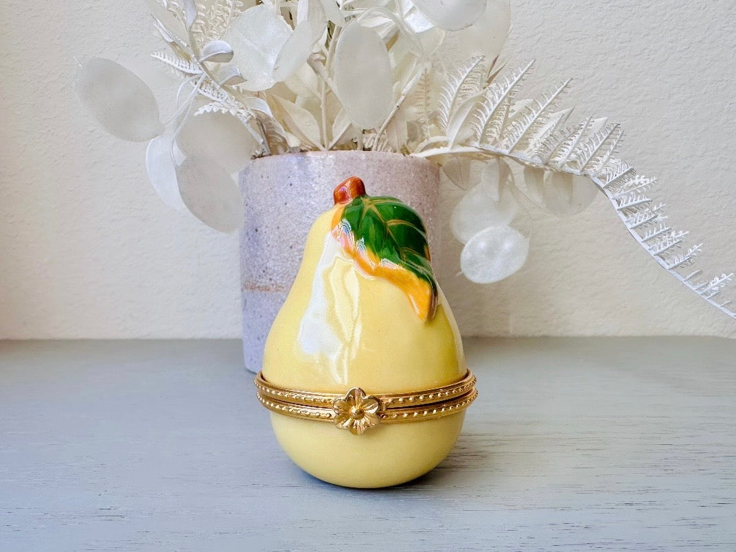 Vintage Pear Trinket Box, French Country Vintage Porcelain Vanity Dresser Mini Jewelry Box, Golden Pear with Green Leaves + Gold Accents