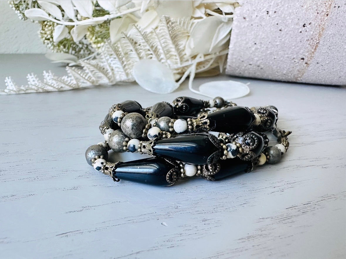 Black Gemstone Bracelet, Handmade Dalmatian Jasper, Czech Glass + Natural Pyrite Stone Bracelet, Unique Beaded Bracelet with Bronze Accents