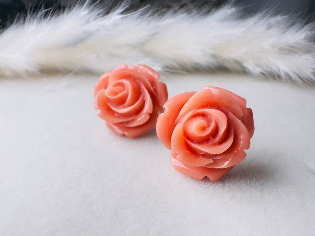 Coral Pink Rose Earrings, Large Rose Stud Earrings, Resin Cabochon Rosettes Hypoallergenic Surgical Steel Handmade Earrings Sensitive Ears