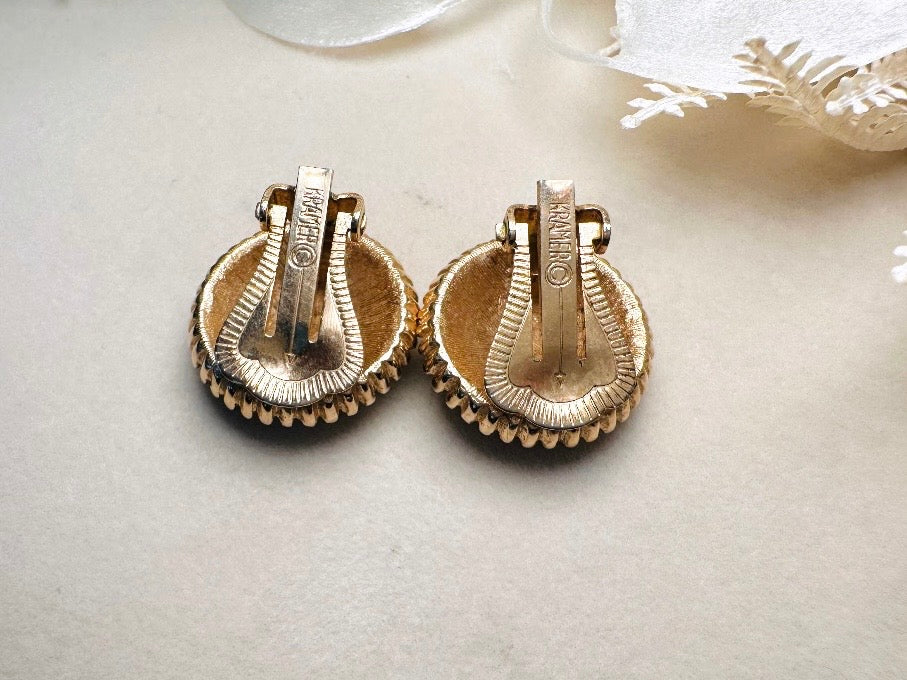 Vintage Crystal Button Clip on Earrings, Designer Signed Kramer Art Deco Earrings, Pave Set Rhinestone Gold Earrings