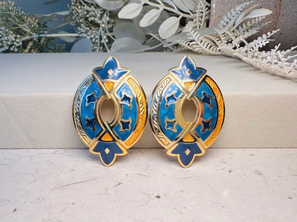 Blue and Gold Etruscan Earrings, Vintage Berebi Enamel Earrings, Grecian Oversized Statement Earrings