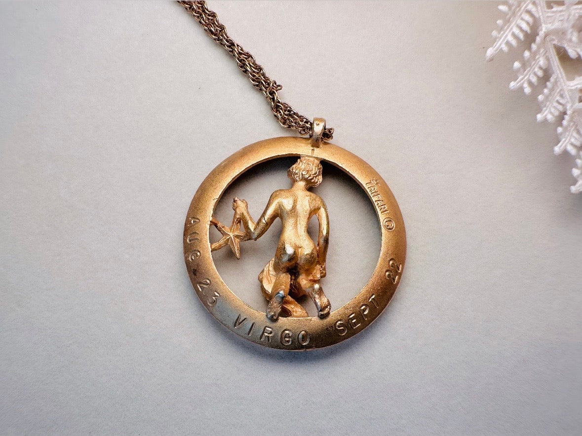 RARE Vintage Virgo Zodiac Necklace, Signed Trifari Star Sign Astrology Necklace September Birthday Gift Necklace, Long Gold Pendant Necklace