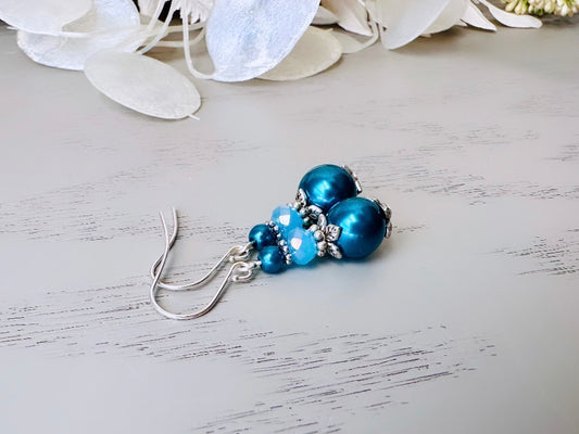 Teal Pearl Earrings, Handmade Pearl and Crystal Beaded Earrings March Birthday Earrings, Aqua Spring Jewellery Peacock Blue Jewelry by Piggle and Pop