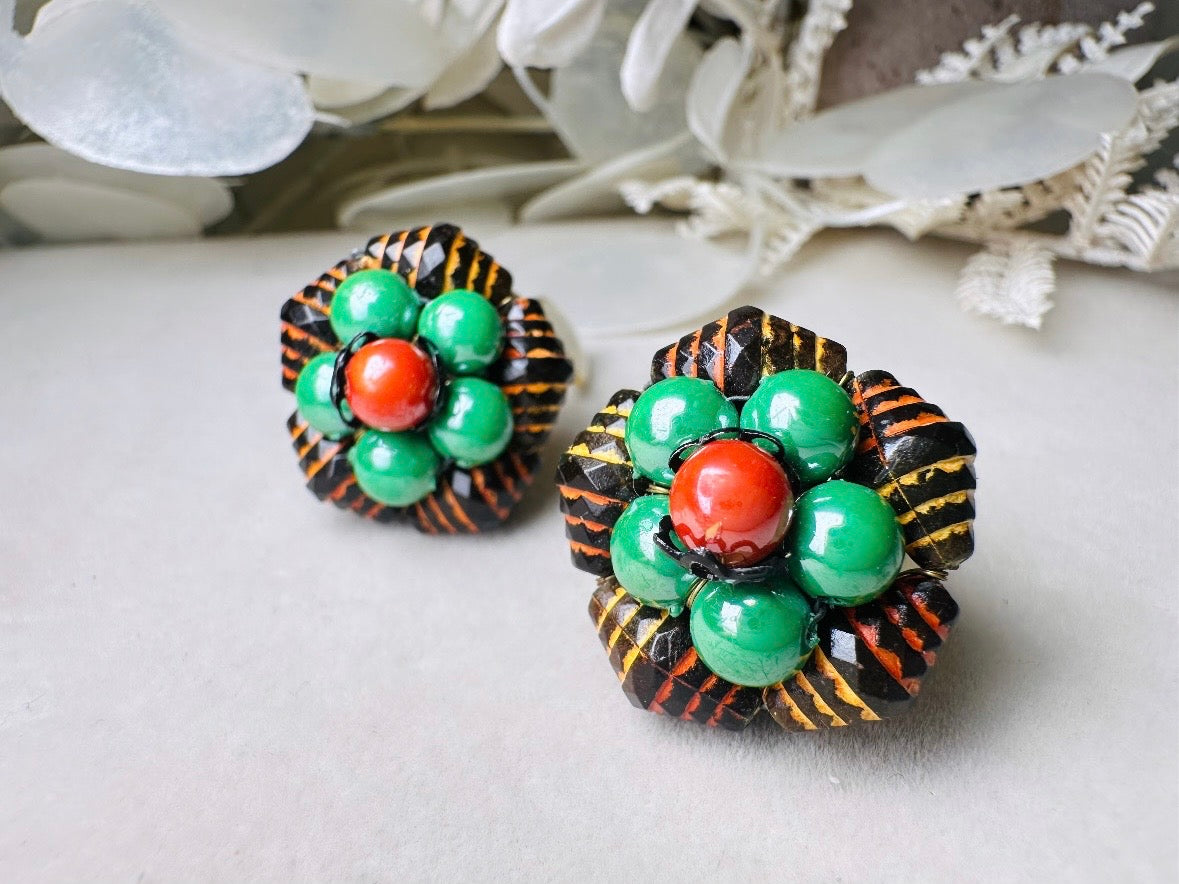 60s Beaded Clip On Earrings, Unique Vintage Retro Earrings in Red and Green, Made in Hong Kong
