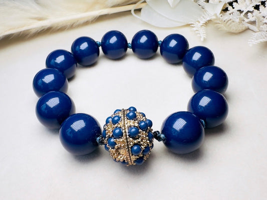 Blue Beaded Bracelet with Magnetic Closure, Chunky Gumball Bead Knotted Bracelet with Stone Encrusted Sphere Clasp