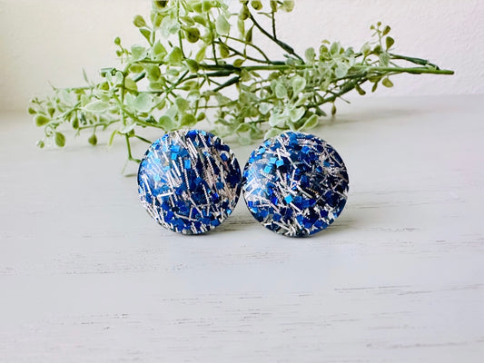 Blue and Silver Confetti Earrings, Vintage Party Earrings, Confetti Clip on Earrings, Mod 60s Retro Fashion, Shimmer Shine Sparkle Earrings