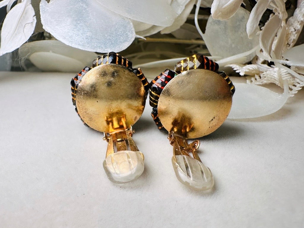 60s Beaded Clip On Earrings, Unique Vintage Retro Earrings in Red and Green, Made in Hong Kong