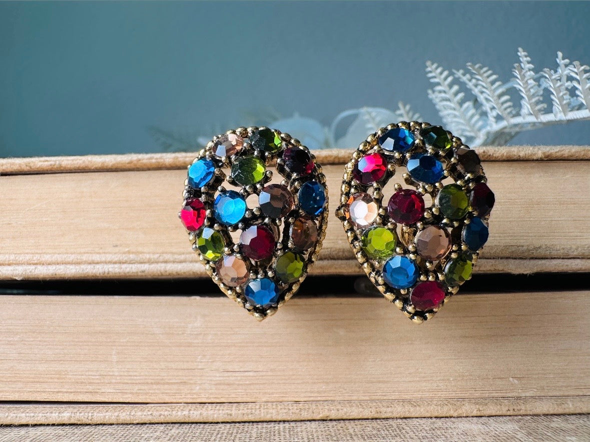 Vintage Rainbow Earrings, Colorful 60s Crystal Inverted Teardrop Clip Ons, Gorgeous Rhinestone Cocktail Earrings, Unique Statement Earrings