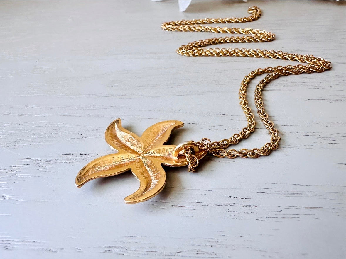 Vintage Starfish Necklace, Gold Pendant Extra Long 30" Chain, Etched Embossed Starfish on Gold Chain, Layering Gold Necklace Gifts for Her