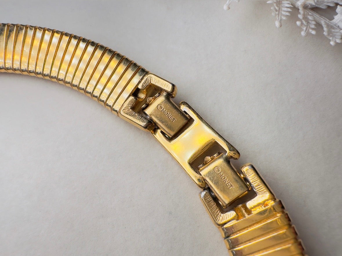 Vintage Omega Necklace, Black and Gold Monet Designer Vintage Necklace with Pave Rhinestones and Black Enamel