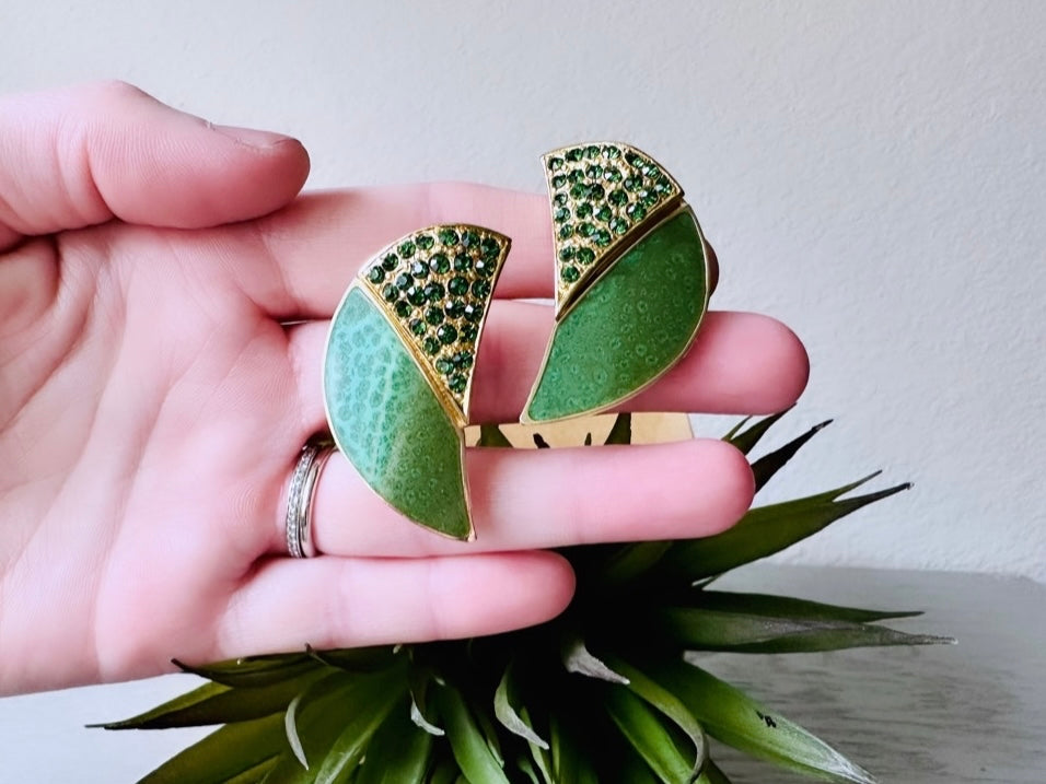 Stunning Green 80s Berebi Vintage Earrings, Green Rhinestone & Pearlized Enamel Green and Gold Crescent Converted Clip-On Statement Earrings