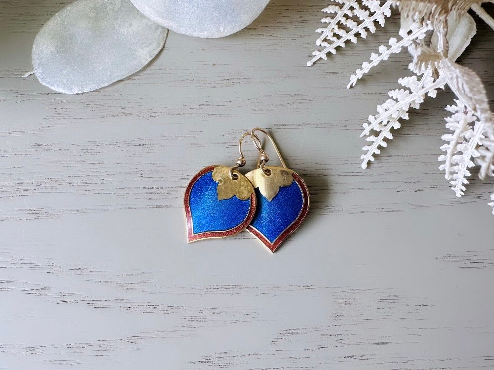 Vintage Cobalt Blue Skye Earrings, Gold Plated  1980s Vintage Earrings, Small Gold Enamel Teardrop Earrings, Pretty Blue and Brown Jewelry