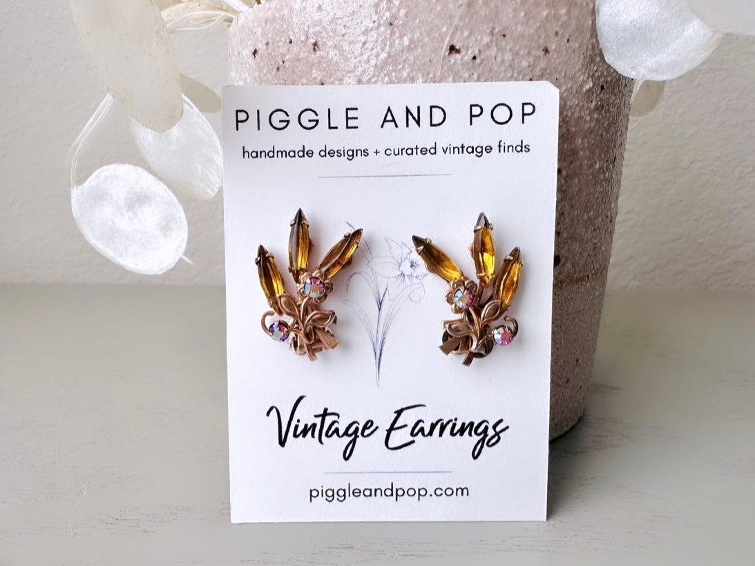 Vintage Amber Rhinestone Earrings, Vintage 1960's Crystal Flower Clip On Earrings, Deep Brown UNIQUE Floral Earrings