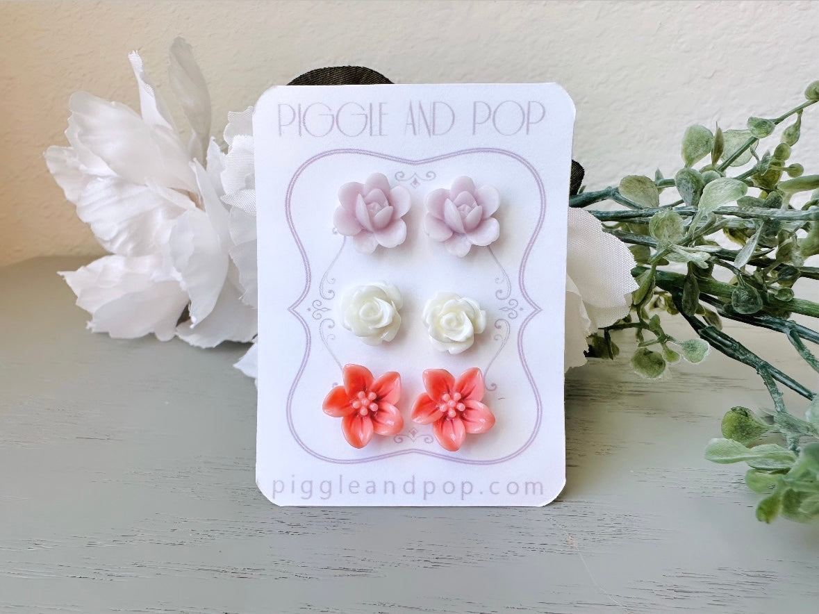 Flower Earrings Gift Set, Pink White and Lavender Floral Stud Earring Set, Hypoallergenic Surgical Steel Earring, Rose Lotus Lily Earrings