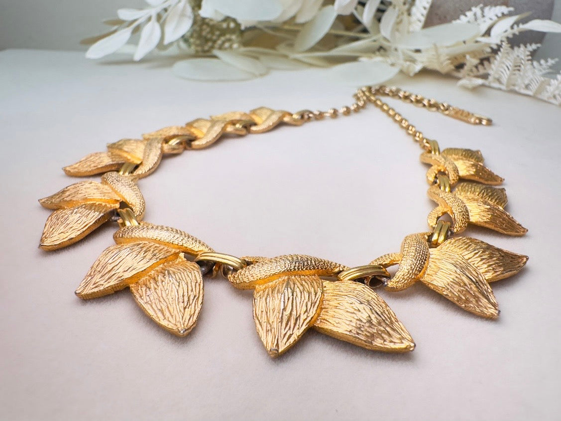 Gold Leaf Necklace, 1960s Vintage Golden Leaves Choker by Tara 5th Ave, Nature Inspired Textured Floral Choker with Adjustable Closure