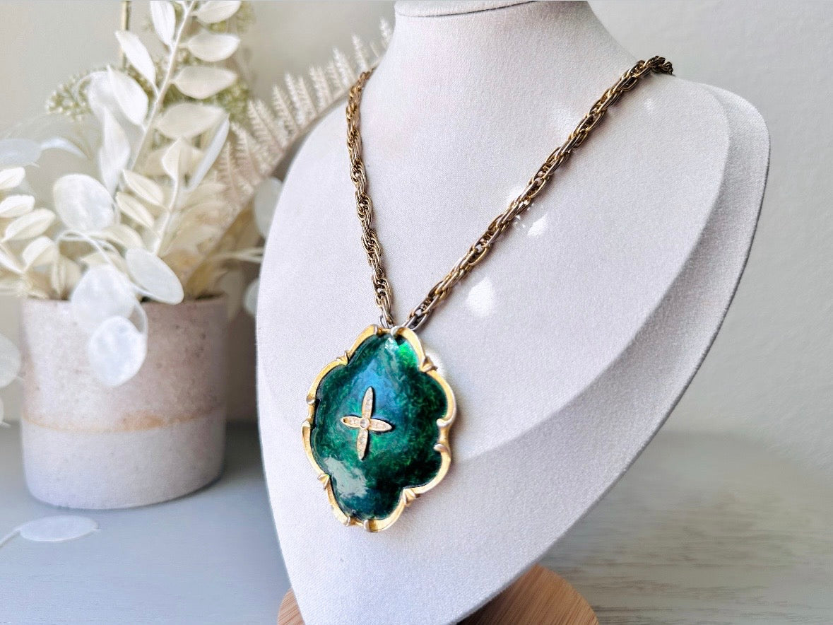 Vintage Green Pendant Necklace, Rare Vintage Marvella Necklace, Green and Gold Long Chain Necklace for Layering, Ornate Rhinestone Detail