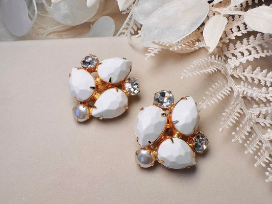 Vintage White Earrings, Pearl and Rhinestone Gold Clip On Cluster Earrings, 1960s Designer Vintage Kenneth Jay Lane Statement Earrings