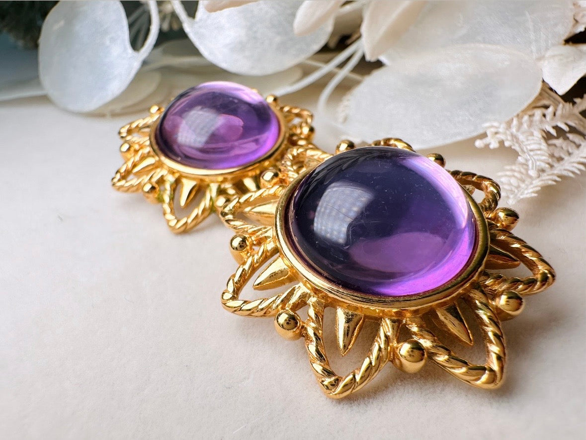Purple Trifari Jelly Belly Sun Earrings, Rare Moonglow Violet Domed Glass Earrings
