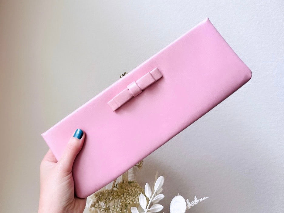 Bubblegum Pink 1960s Vintage Clutch, Barbie Pink Rectangular Leather Clutch Purse with Bow + Striped Interior, VTG Designer Harry Levine from Piggle and Pop