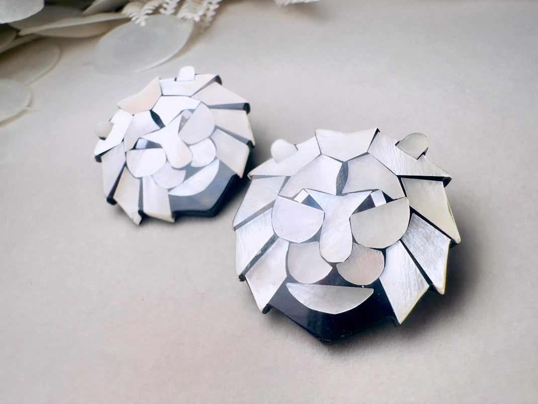 White Lion Earrings, Vintage Mother of Pearl Mosaic Earrings by Lee Sands, 1980s Natural Shell Lion Head Pierced Earrings