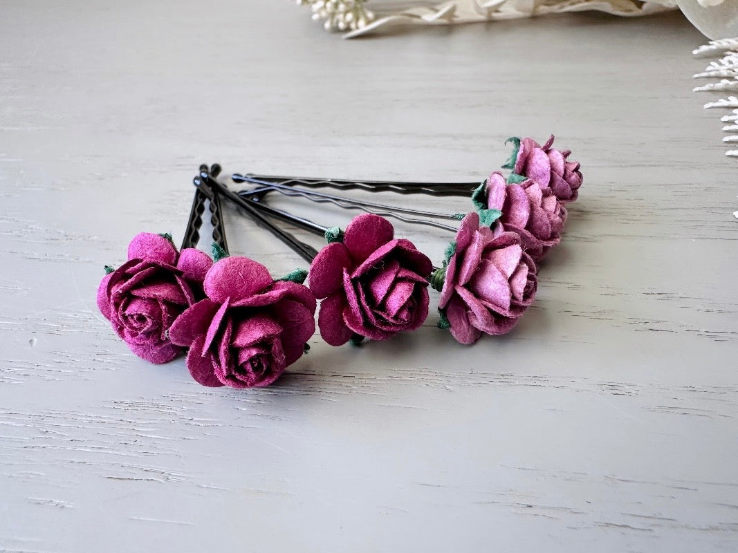 Rose Hair Pins in Wine Purple and Soft Lilac,  Paper Flower Bobby Pins, Merlot Wedding Rustic Hair Pins, 6 Floral Autumn Fall Hair Flowers MPR6