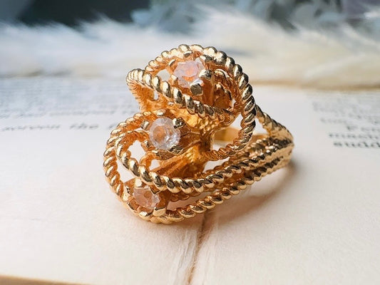 Vintage Statement Ring, Park Lane Twisted Rope Gold Ring with Swarovski Crystal Accents, Chunky Multi Stone Vintage Cocktail Ring 18K Size 6