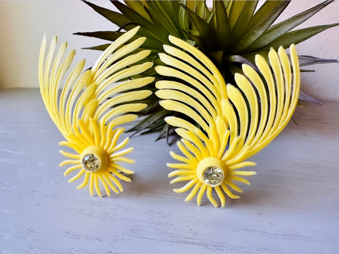 Canary Yellow 1960s Clip On Earrings, New Deadstock Vintage Earrings, Bright Yellow Flower Earrings, Wing Feather Statement Earrings