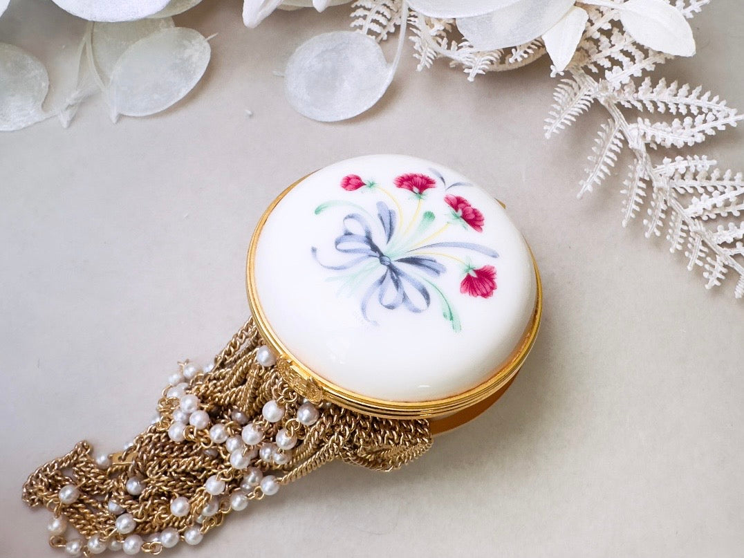 Vintage Lenox Trinket Box, Floral Porcelain Miniature Jewelry Box, Retired Cream Ceramic with Gold Accents, Pink Flowers, Blue Ribbon