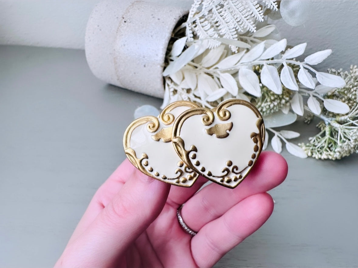 Cream Heart Earrings, Cream and Gold Enamel Heart Clip on Earrings, Unique Vintage Scroll Heart Earrings, Lolita Pretty Cute Earrings