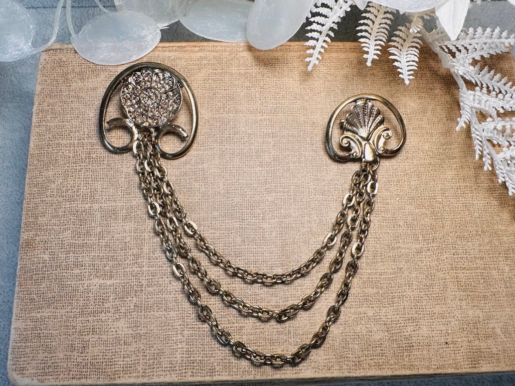 Gold Deco Sweater Pins, Classic Vintage Gold Cloak Chatelaine Pins with Draping Chains, Triple Chain Brooch Pair, Double Fan Pins Brooches