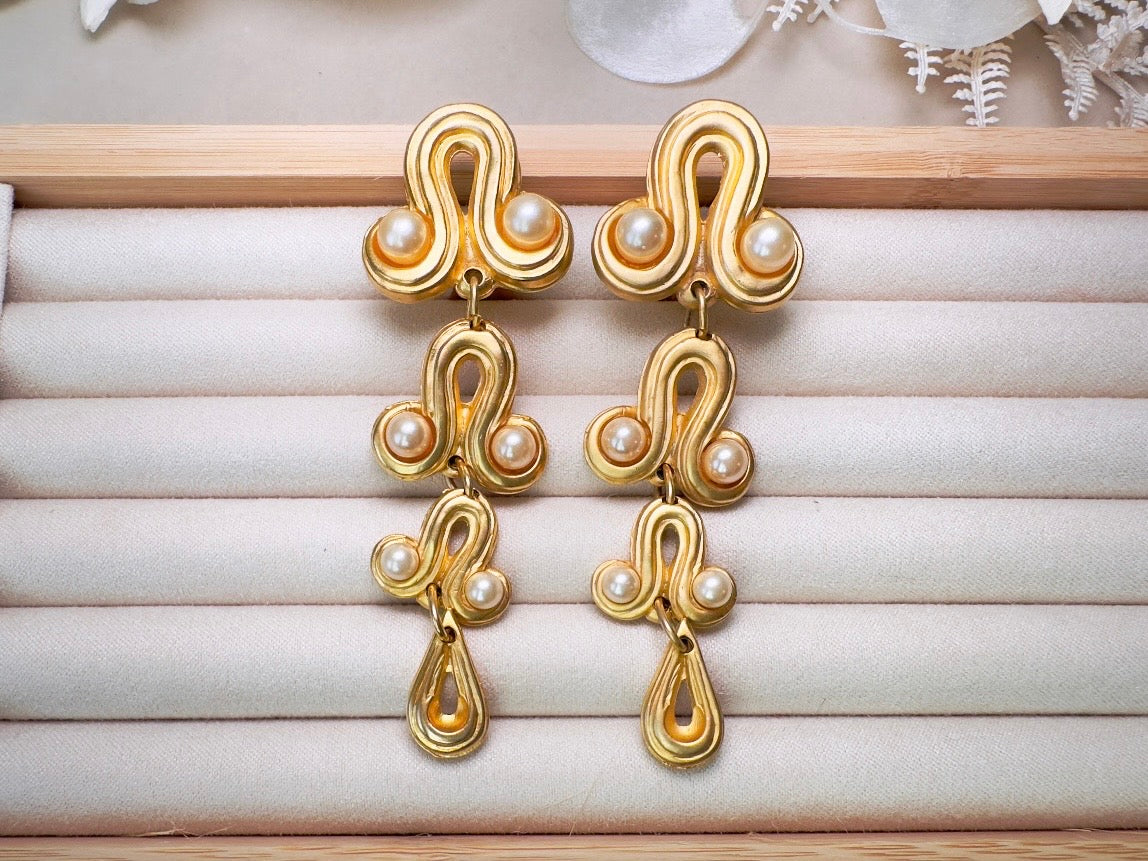 Vintage Blanca Designer Pearl Drop Oversized Matte Gold Clip On Earrings