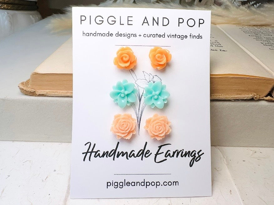 Flower Stud Earrings Set, Mint and Peach Post Earring Gift Set, Hypoallergenic Handmade Small Stud Earring