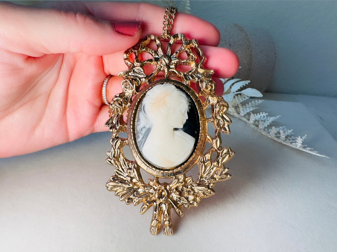 Victorian Cameo Necklace, Vintage Oversized Antique Gold Pendant Necklace with Black and Cream Cameo