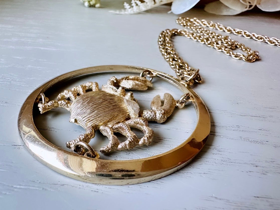 Vintage Cancer Zodiac Necklace, Star Sign Astrology Necklace, Unique Birthday Necklace, 30" Long Gold Pendant Necklace Vintage Astrology