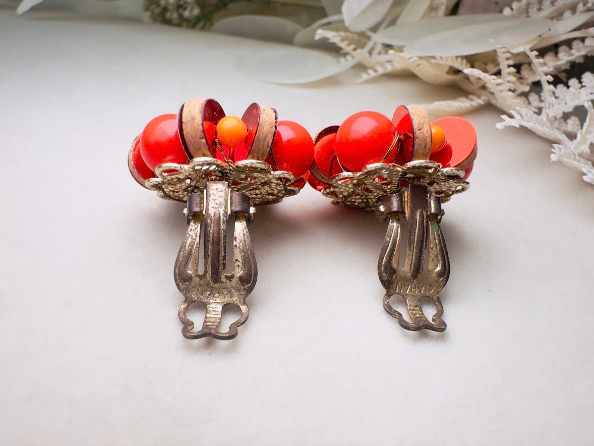 Vintage Japanese Earrings, Colorful 60s Earrings in Red + Orange with Wood and Sequins, Beaded Clip On Earrings