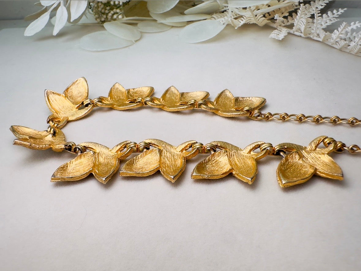 Gold Leaf Necklace, 1960s Vintage Golden Leaves Choker by Tara 5th Ave, Nature Inspired Textured Floral Choker with Adjustable Closure