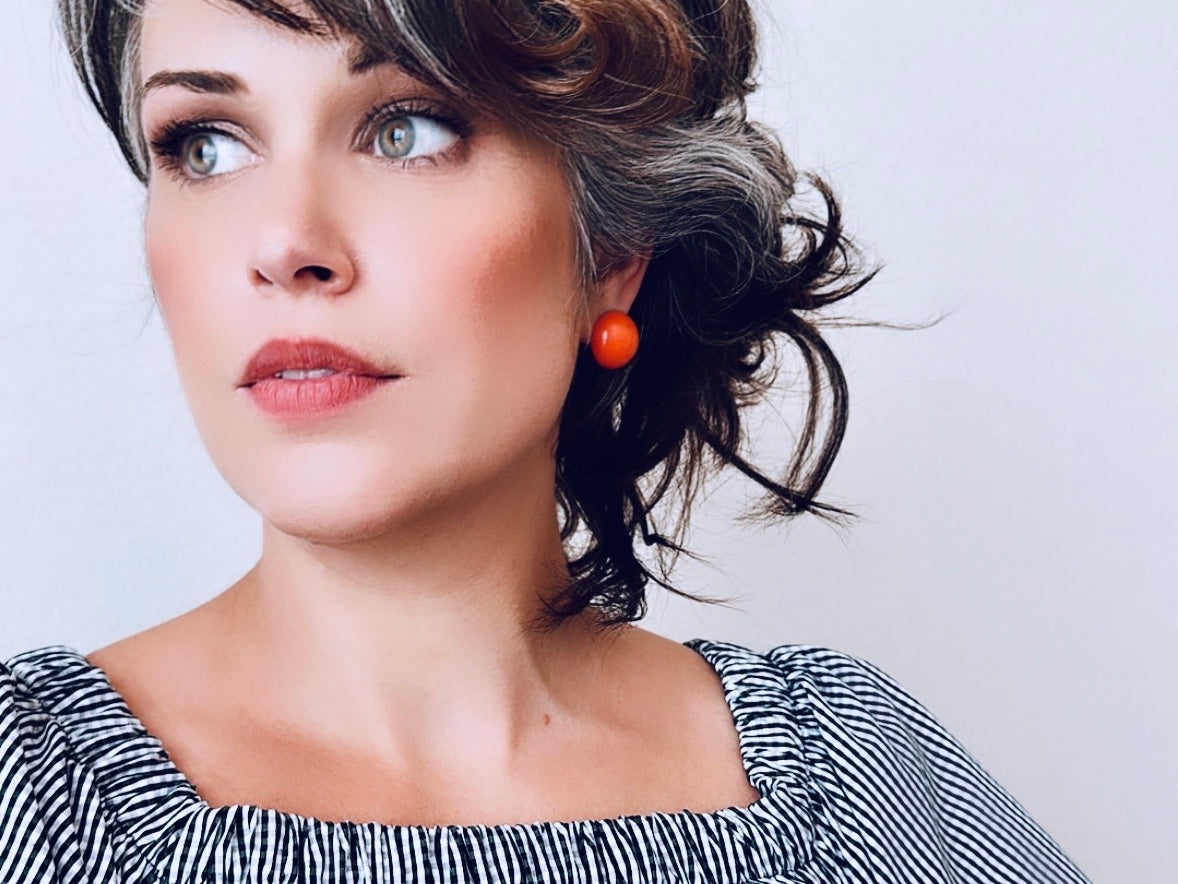 Coral Orange Vintage 1970's Stud Earrings, Round Geometric Opaque Enamel Earrings, Vintage Pierced Post Earrings, Pop of Color