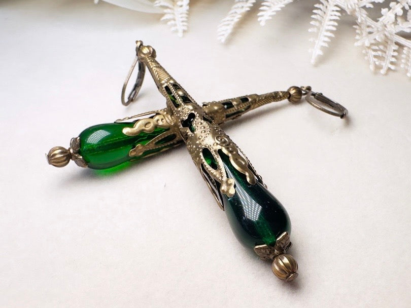 Green Teardrop Earrings, Handmade Renaissance Jewelry with Victorian Filigree, Romantic Gothic Long Beaded Crystal Dangle Earrings