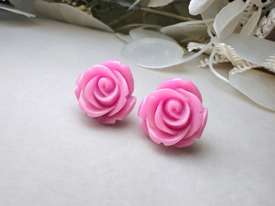 Purple Rose Stud Earrings, Lilac Purple Studs, Large Rose Earrings, Resin Cabochon Rosettes, Purple Bridesmaid Jewelry, Floral Jewelry Gifts