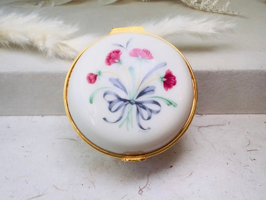 Vintage Lenox Trinket Box, Floral Porcelain Miniature Jewelry Box, Retired Cream Ceramic with Gold Accents, Pink Flowers, Blue Ribbon