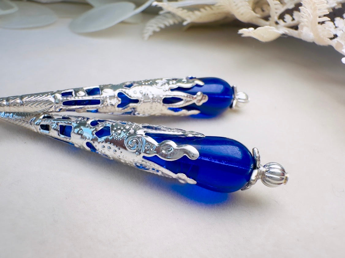 Blue Teardrop Earrings, Long Handmade Cobalt Blue Czech Glass Beaded Drop Earrings with Victorian Silver Filigree Cones